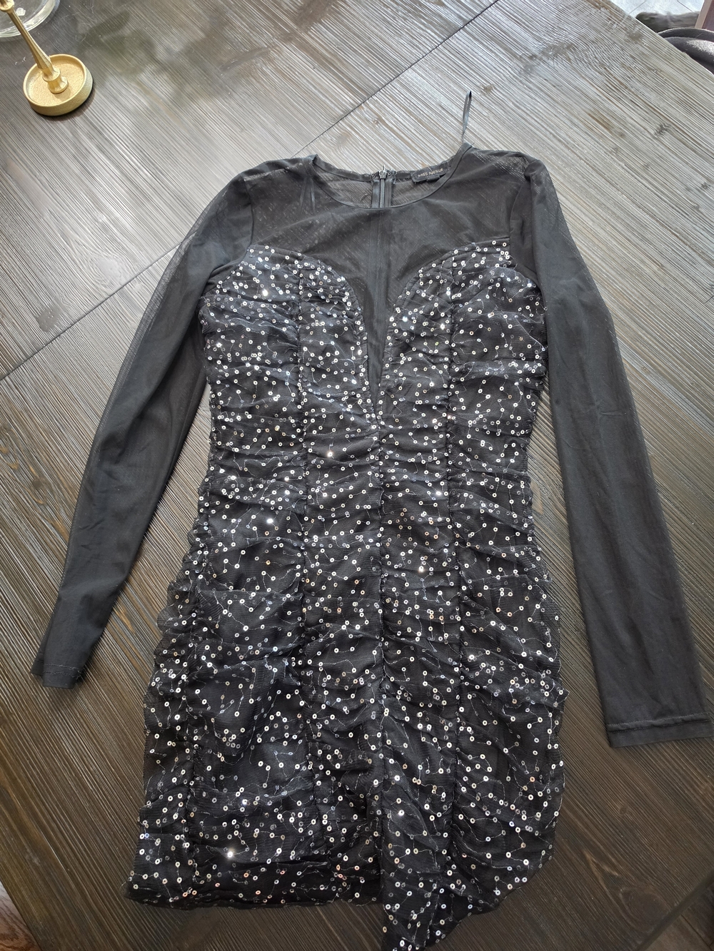 Miss Avenue Black Sequin Ruched Long Sleeve Cocktail Dress